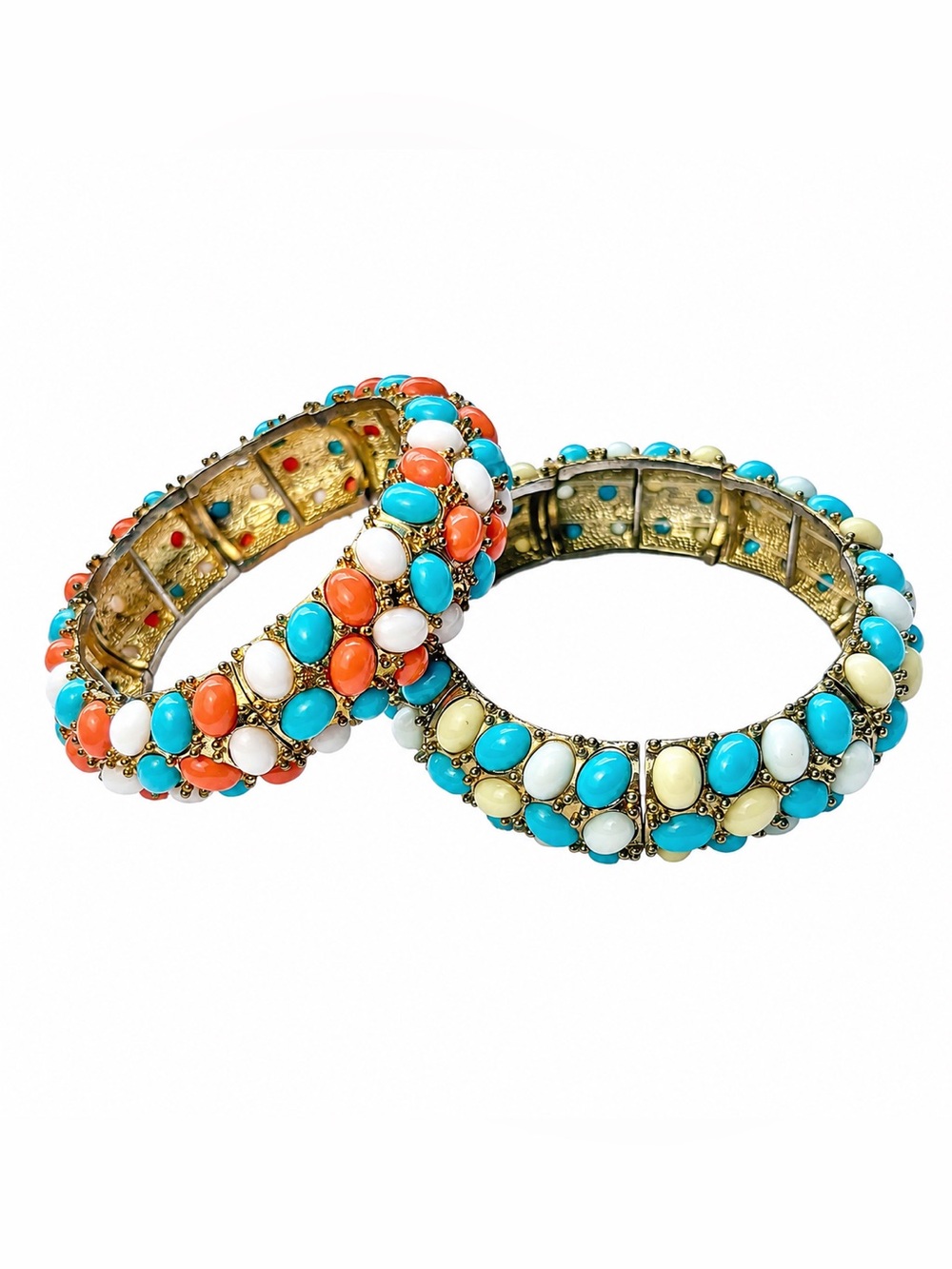 Chunky Turquoise & Coral Stone Cluster Stretch Bracelets Set of Two Bangles